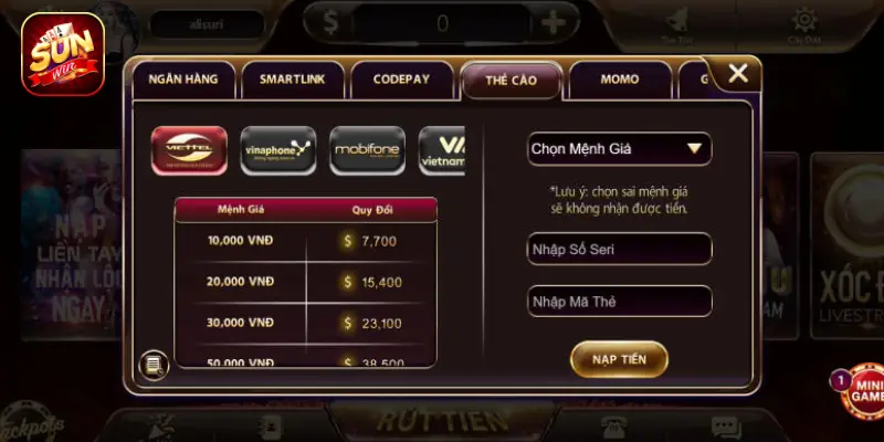 Giao diện nạp tiền sunwin bằng thẻ cào hoặc ngân hàng
